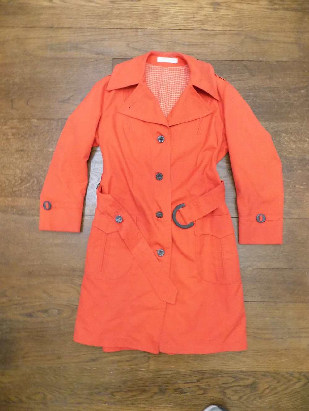 Vtg FAB Orange Reversible Gingham Trench Jacket Pea Coat Wear In Good Health M